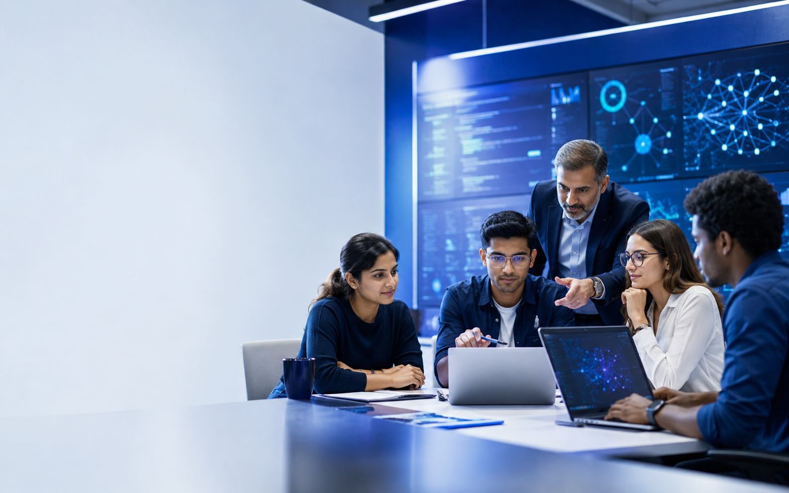 Professionals collaborating with a mentor in a technology learning lab